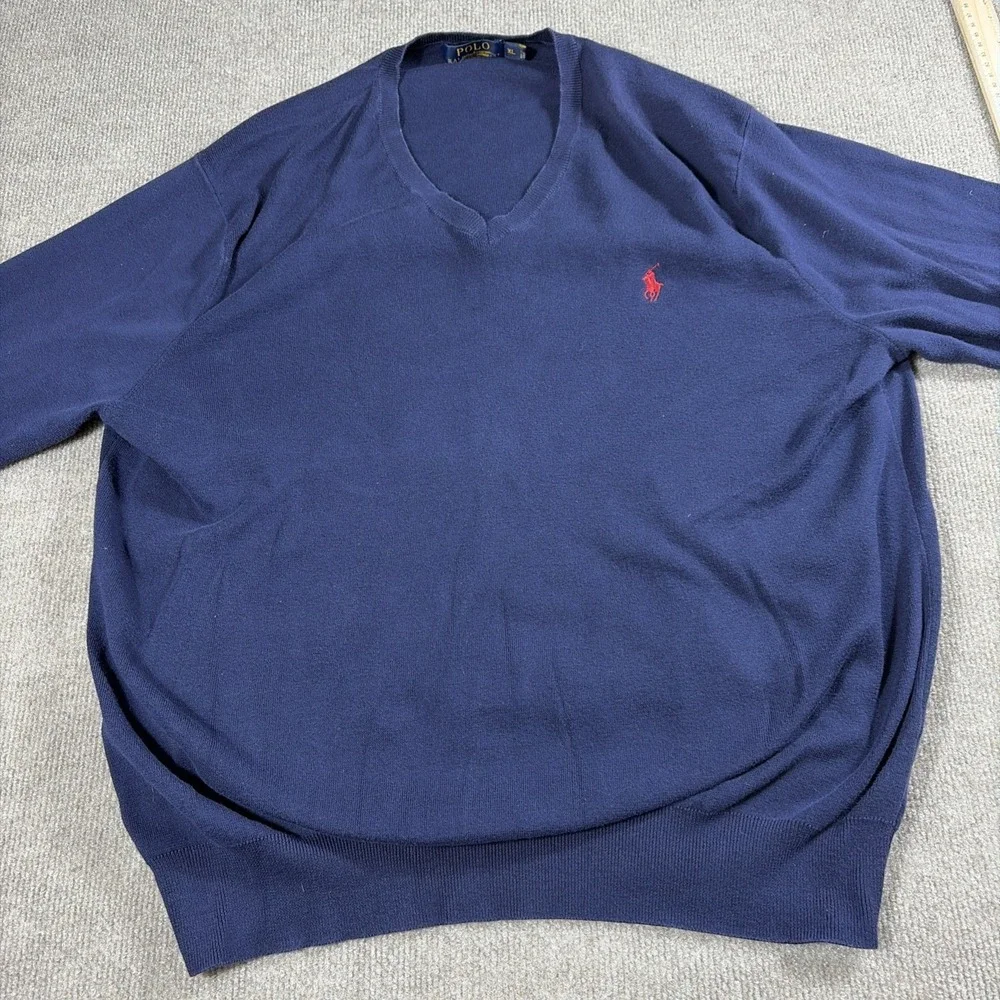 Polo Ralph Lauren Mens V Neck Sweater Size XL Navy Blue Pony Logo Pima Cotton